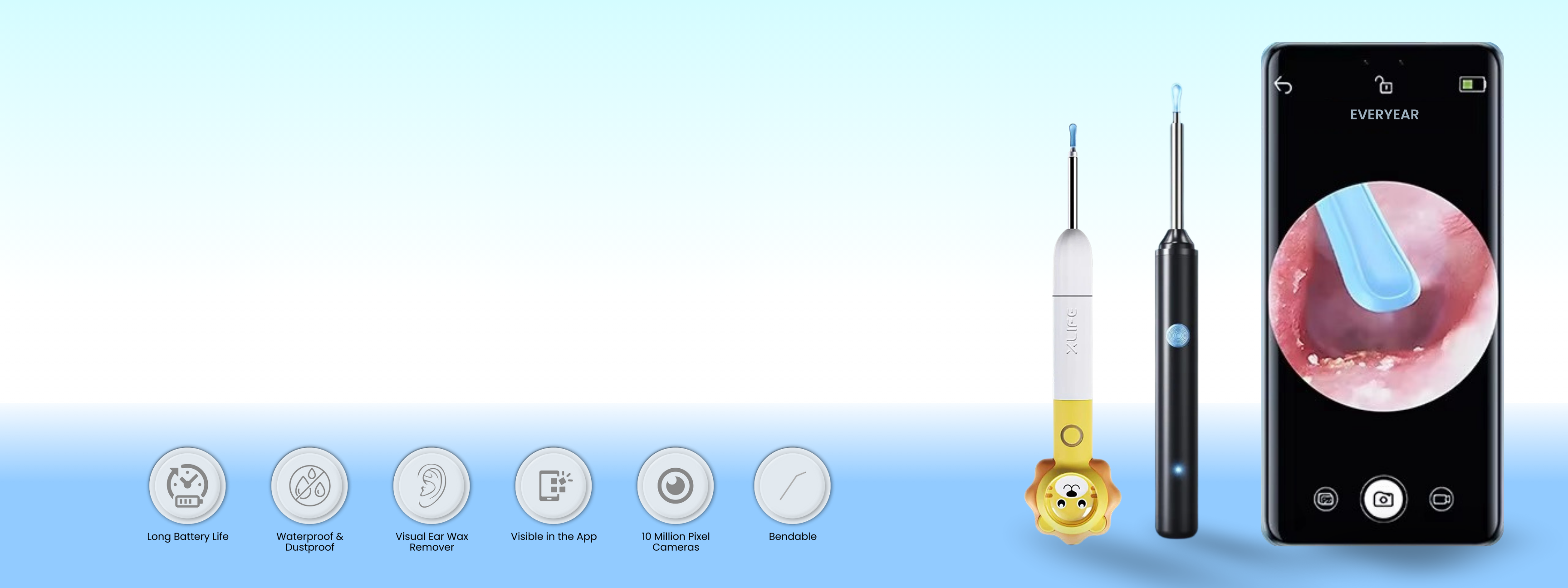 Intraluminal camera with smartphone app interface on a blue background