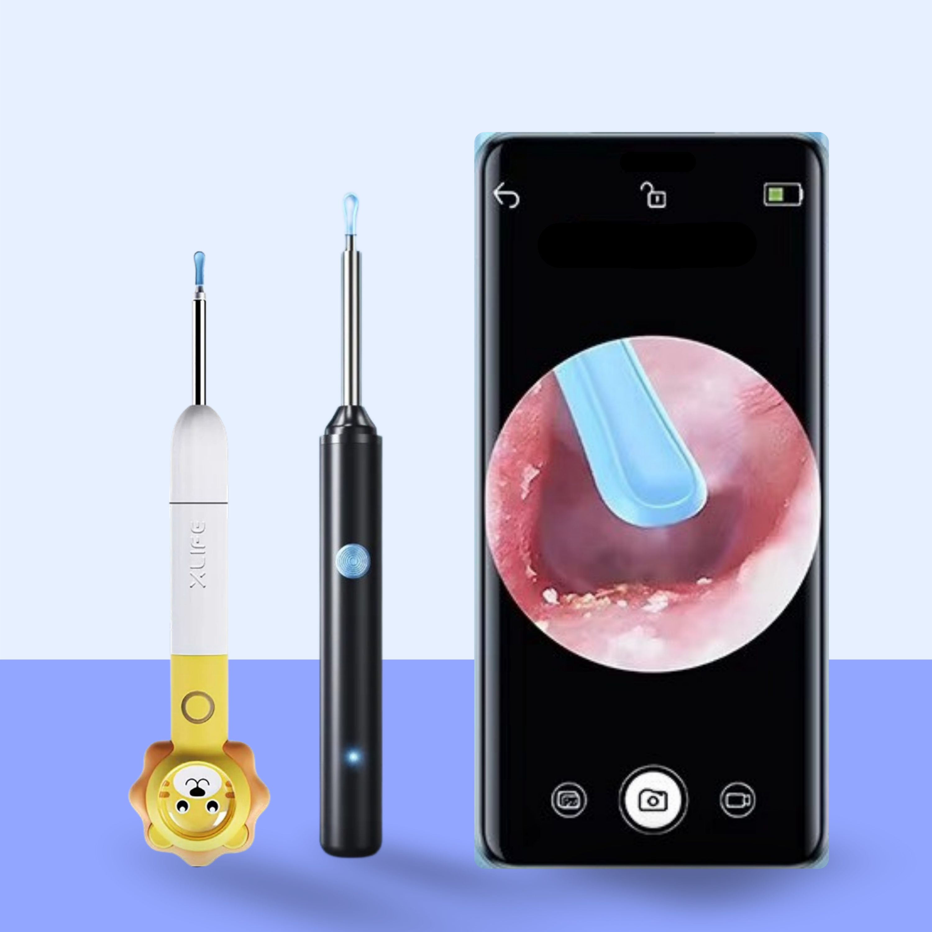 Two handheld devices with a smartphone displaying an internal view on a blue and white background