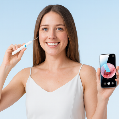 Woman holding a skincare tool and smartphone with app interface on a light blue background