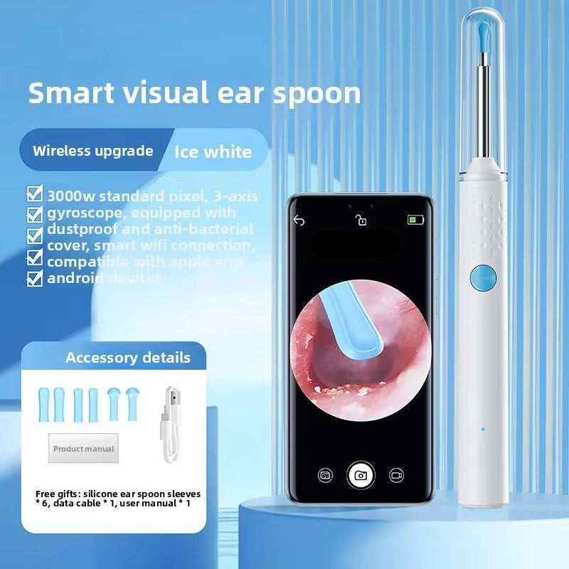 Smart visual ear spoon with smartphone app on a blue background