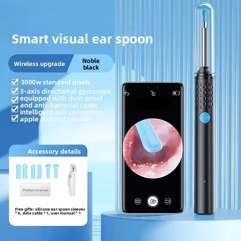 Smart visual ear spoon with smartphone display on a blue background