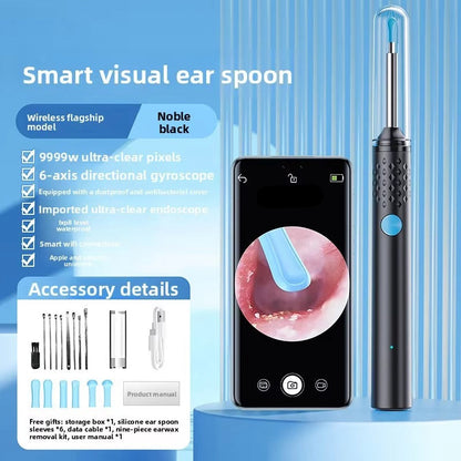 Smart visual ear spoon with smartphone display on a blue background